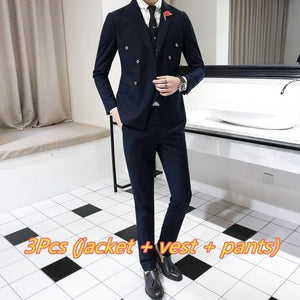 Luxury Royal Men's Suit 3 sets Fashion Boutique Double-breasted Solid Color Wedding Dress New Slim Business Banquet Formal Dress