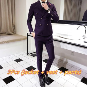 Luxury Royal Men's Suit 3 sets Fashion Boutique Double-breasted Solid Color Wedding Dress New Slim Business Banquet Formal Dress