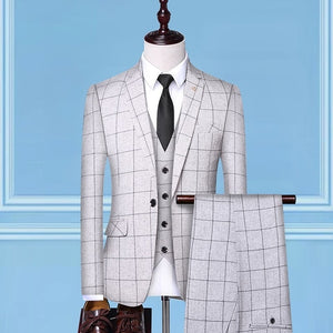 (Jackets + Vest + Pants)2019 Men's Groom Wedding Dress Plaid Formal Suits Set Men Fashion Casual Business Suit Three-piece