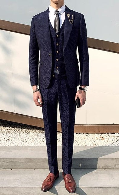 3 Pieces Mens Suit With Pants Teros Wedding Prom Suits for Men Red Blue Floral Jacquard Slim Fit Tuxedo 2019 Garnitur Meski