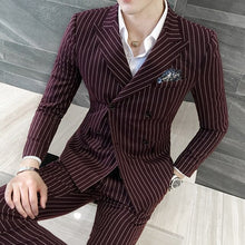 Load image into Gallery viewer, 3 Pieces ( Jacket + Vest +Pants) Mens Double-breasted Suit Fashion Striped Groom Wedding Tuxedo for Men Casual Business Suit