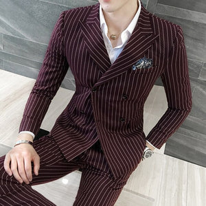 3 Pieces ( Jacket + Vest +Pants) Mens Double-breasted Suit Fashion Striped Groom Wedding Tuxedo for Men Casual Business Suit