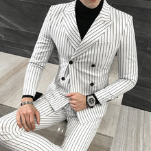 Load image into Gallery viewer, 3 Pieces ( Jacket + Vest +Pants) Mens Double-breasted Suit Fashion Striped Groom Wedding Tuxedo for Men Casual Business Suit