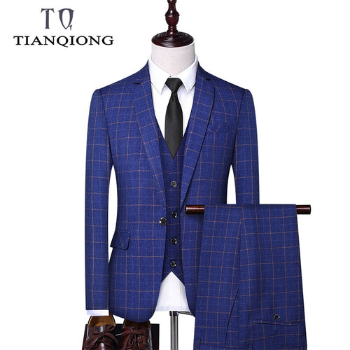TIAN QIONG Brand 3 Pieces Men Suit 2019 Slim Fit Mens Plaid Suits Groom Wedding Suit High Quality Men's Formal Suits with Pants