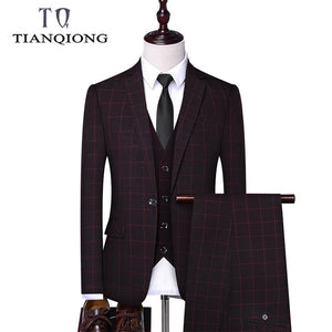 TIAN QIONG Brand 3 Pieces Men Suit 2019 Slim Fit Mens Plaid Suits Groom Wedding Suit High Quality Men's Formal Suits with Pants