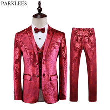 Load image into Gallery viewer, Luxury Red Paisley Floral Steampunk 3 Piece Suit Set Men Wedding Prom Dress Suits With Pants Mens Slim Fit Stage Costume Homme