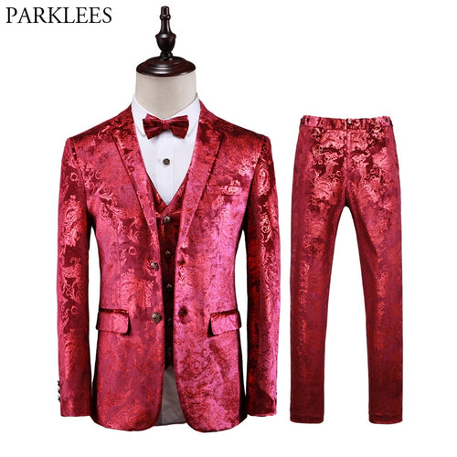 Luxury Red Paisley Floral Steampunk 3 Piece Suit Set Men Wedding Prom Dress Suits With Pants Mens Slim Fit Stage Costume Homme
