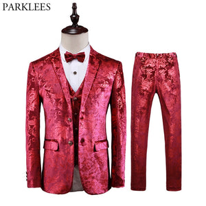 Luxury Red Paisley Floral Steampunk 3 Piece Suit Set Men Wedding Prom Dress Suits With Pants Mens Slim Fit Stage Costume Homme